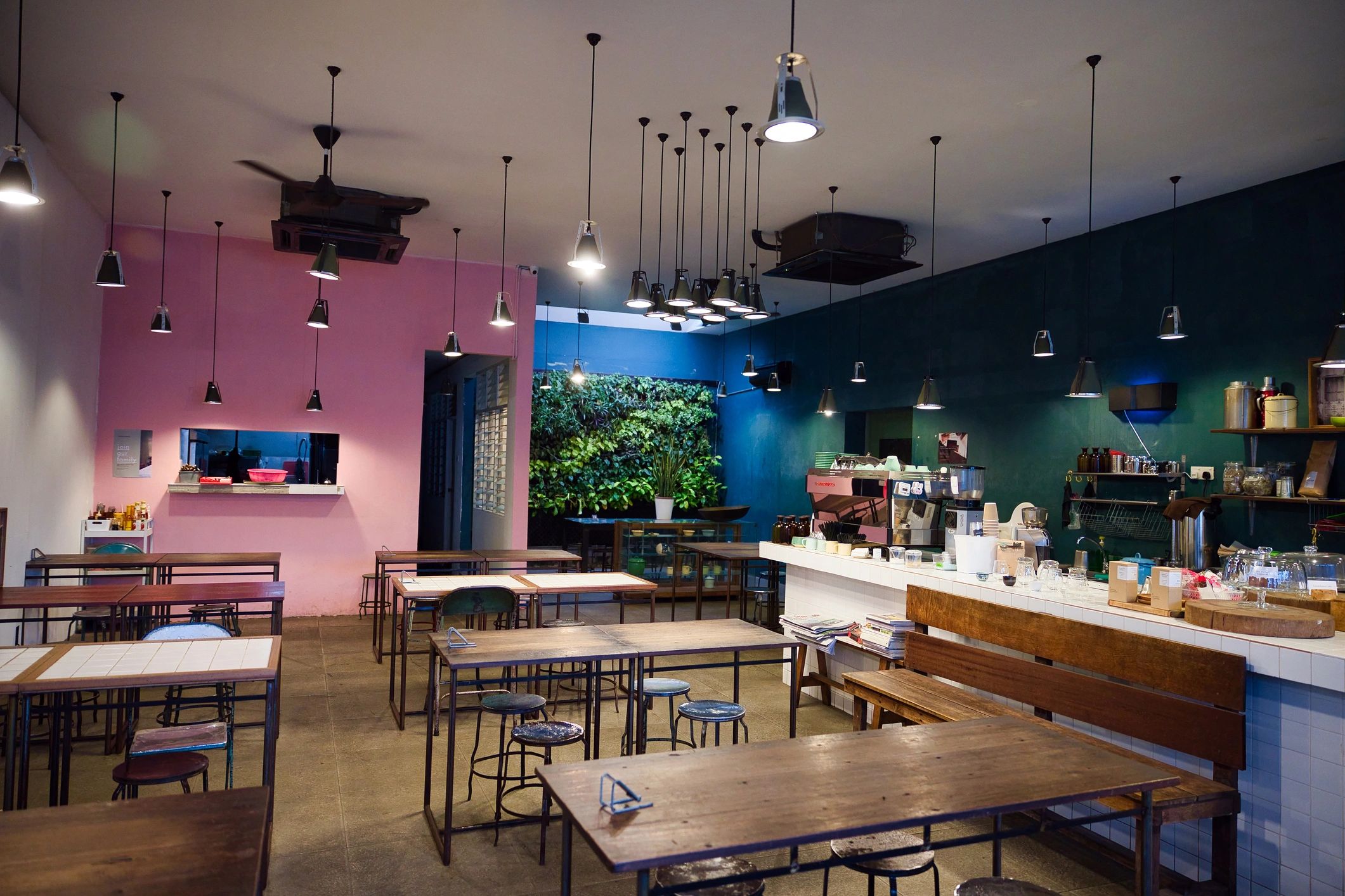 Warm cafe interior with tables and chairs