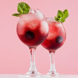 Red sweet cold party drinks in two elegant wineglasses with ice cubes, blueberry, green mint on pastel soft pink color background, square.