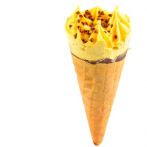 Ice cream in a waffle cone isolated on white background. There is free space for text.